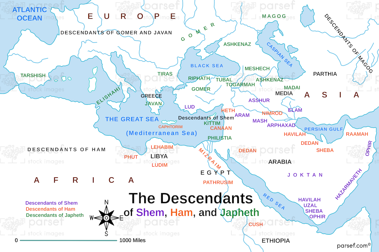 Shem, Ham, and Japheth’s Descendants Map bible map